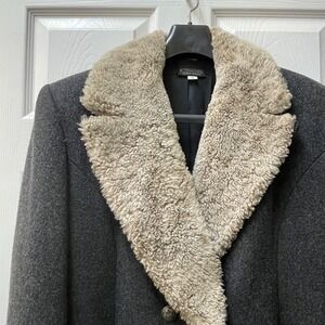 Vintage J Peterman Wms Size 12 Maxi Wool Gray Coat Sherpa Collar Double Breasted